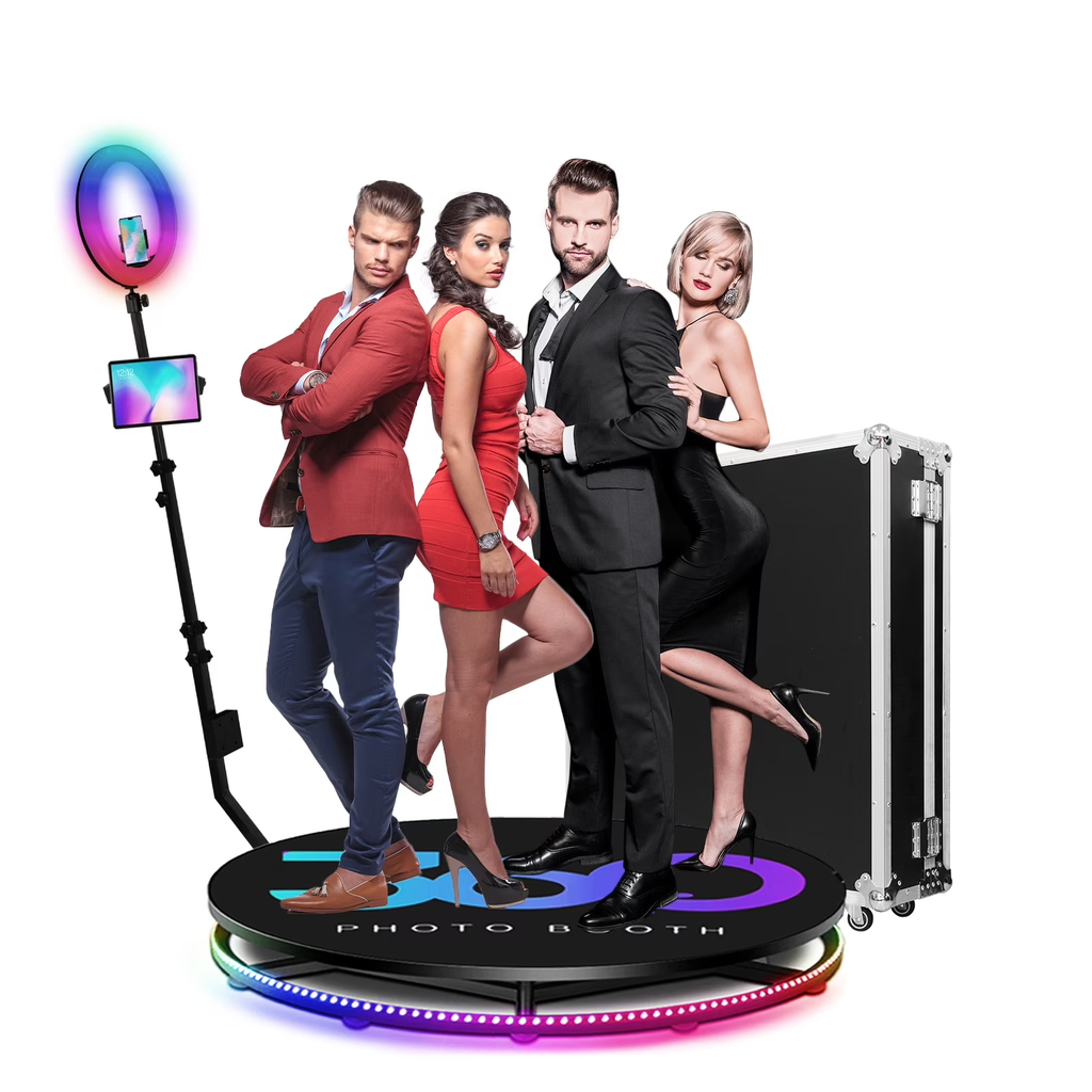 Fantasyview 360° Rotating Photo Booth, 45.2-inch, with RGB Light Strip, App Control, Flight Case, Accommodates 5-7 People