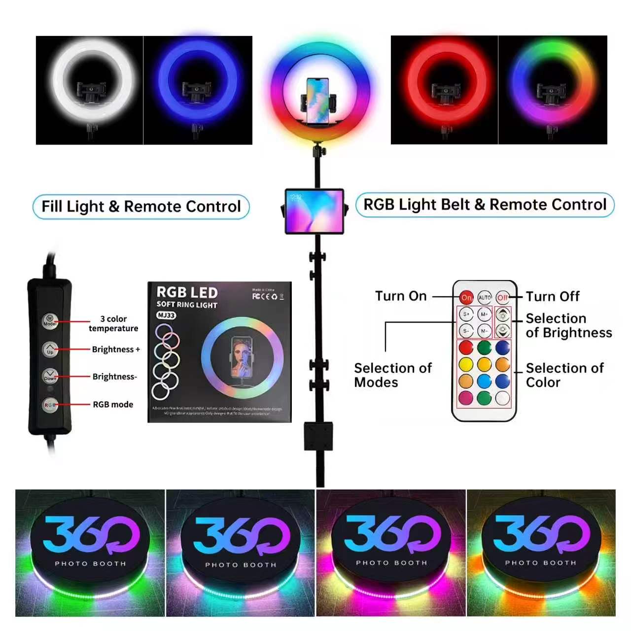 Fantasyview 360° Rotating Photo Booth, 45.2-inch, with RGB Light Strip, App Control, Flight Case, Accommodates 5-7 People