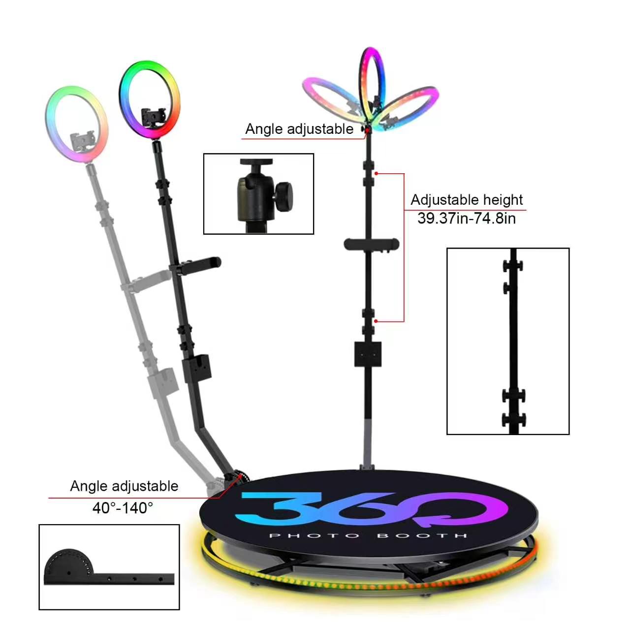 Fantasyview 360° Rotating Photo Booth, 45.2-inch, with RGB Light Strip, App Control, Flight Case, Accommodates 5-7 People