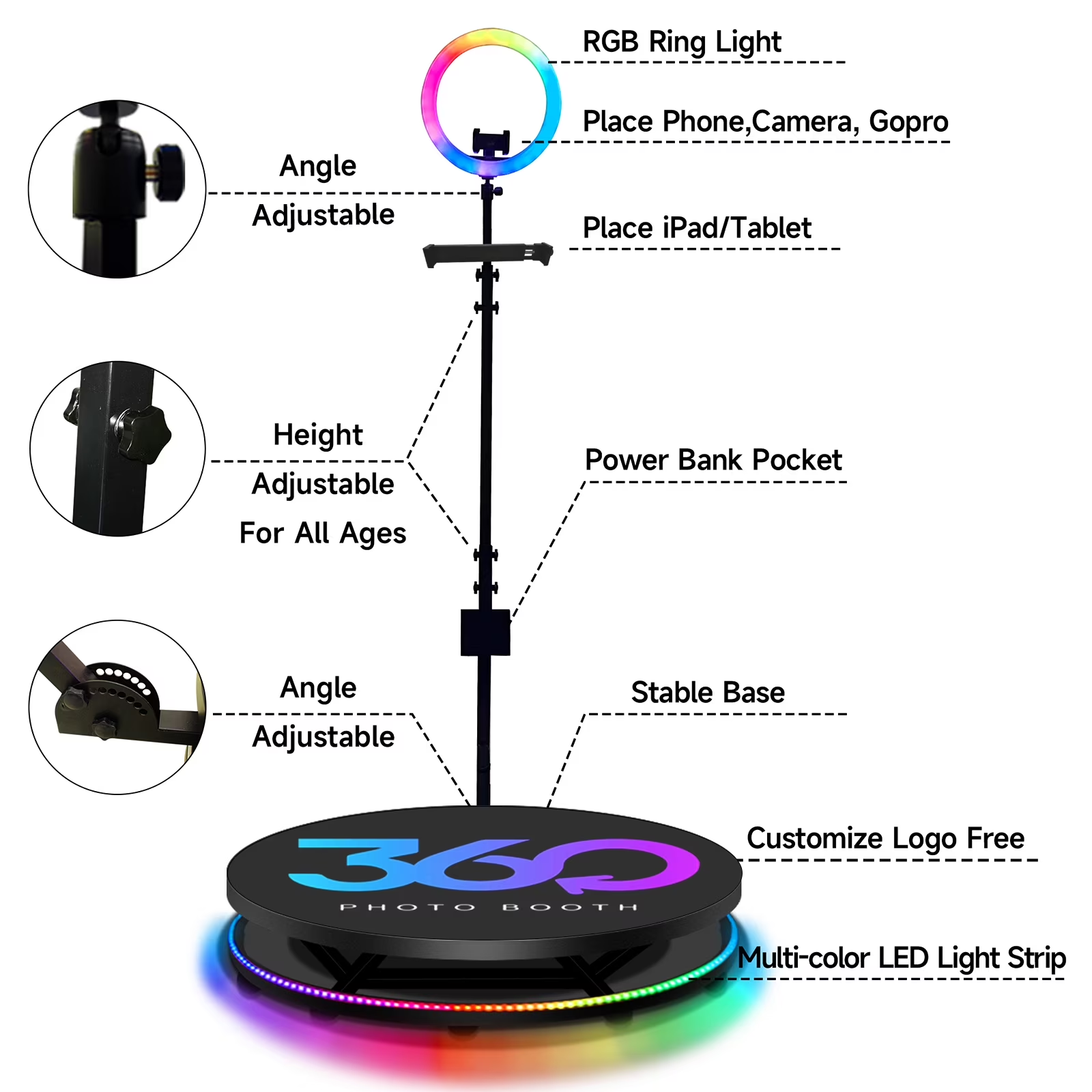 Fantasyview 360° Rotating Photo Booth, 45.2-inch, with RGB Light Strip, App Control, Flight Case, Accommodates 5-7 People