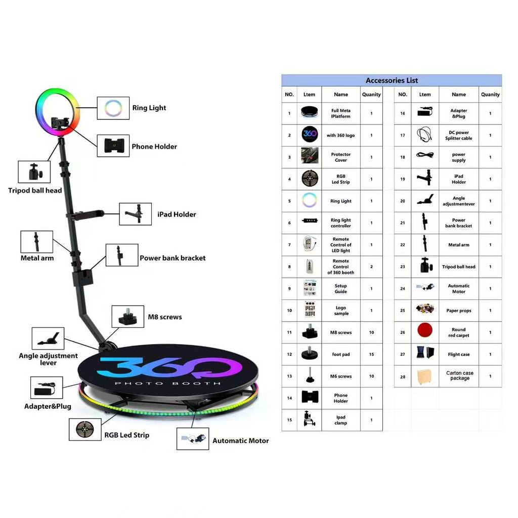Fantasyview 360° Rotating Photo Booth, 45.2-inch, with RGB Light Strip, App Control, Flight Case, Accommodates 5-7 People