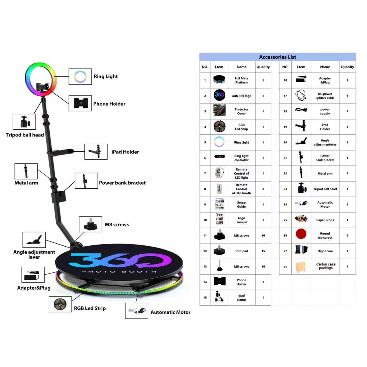 Fantasyview 360° Rotating Photo Booth, 45.2-inch, with RGB Light Strip, App Control, Flight Case, Accommodates 5-7 People