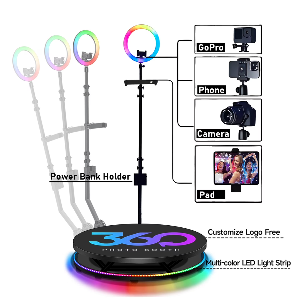Fantasyview 360° Rotating Photo Booth, 45.2-inch, with RGB Light Strip, App Control, Flight Case, Accommodates 5-7 People